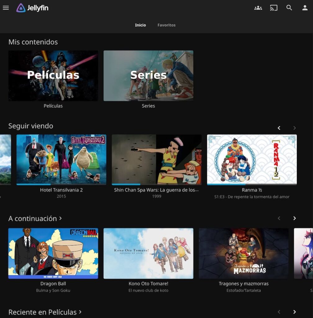 Interfaz de Jellyfin