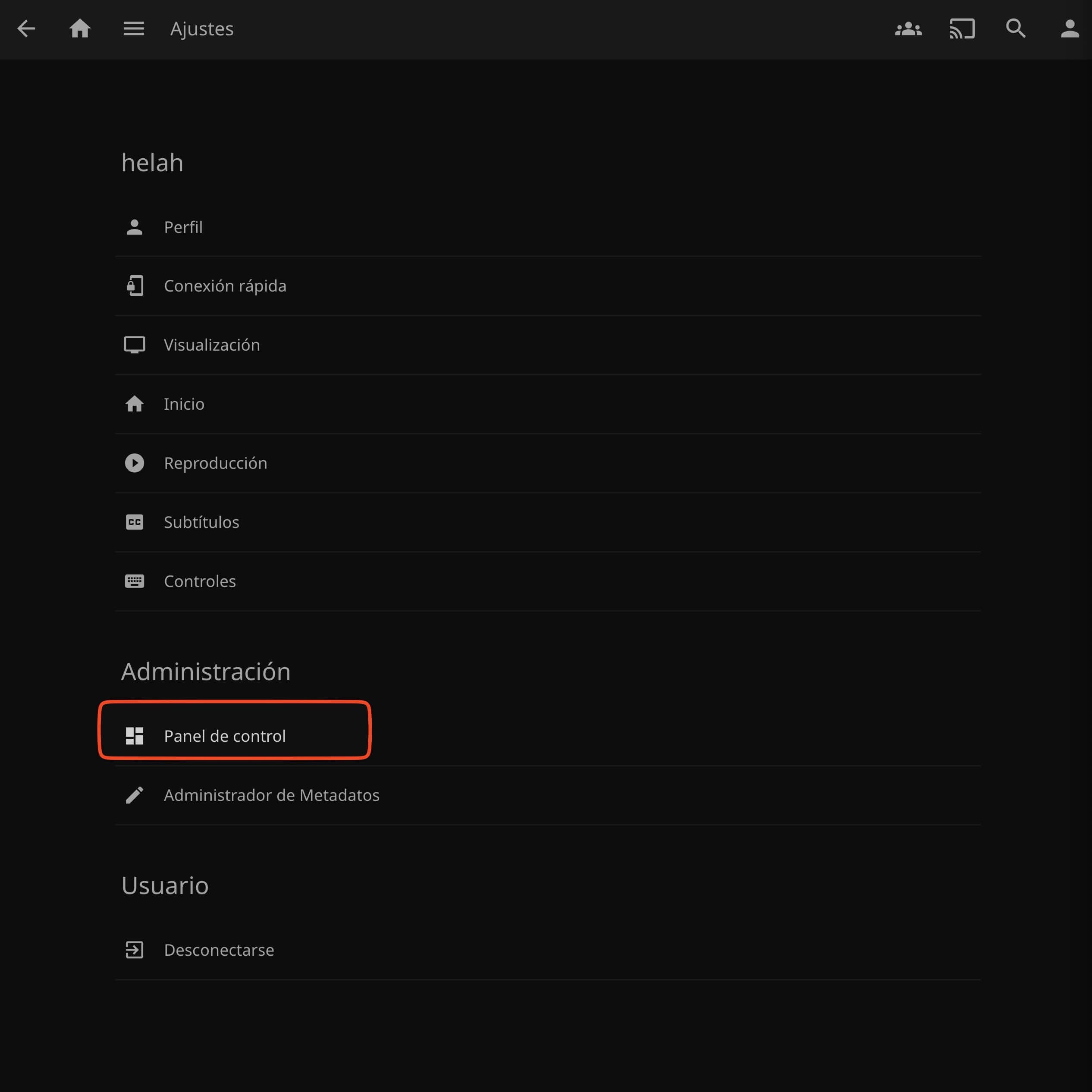 Panel de control de Jellyfin