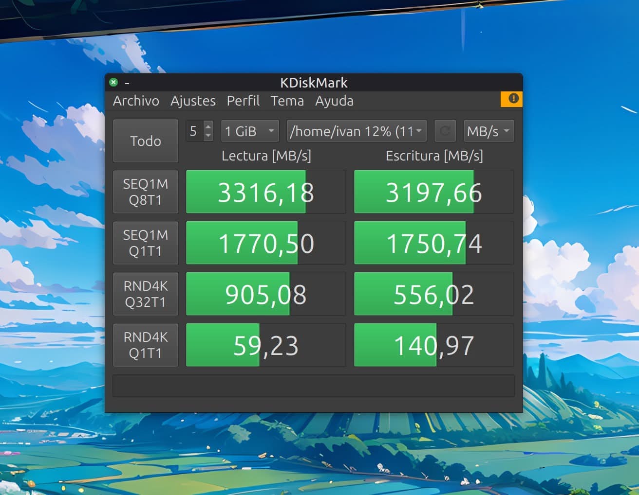 MOVESPEED 7450 MB/s SSD NVMe M.2 2280 de 1 TB: prueba de velocidad con Kdiskmark en un mini PC Soyo M4 PRO que tiene interfaz PCIe Gen 3.0