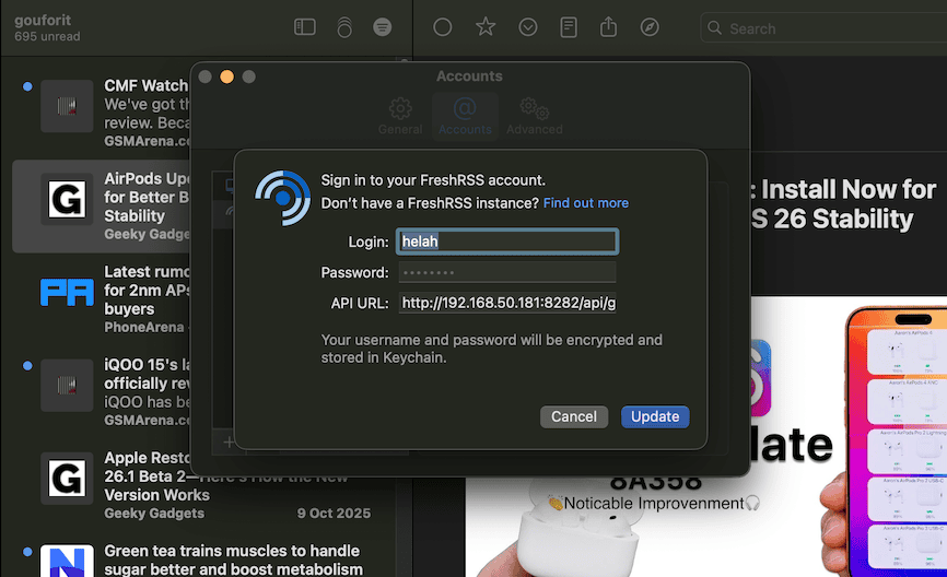 Conectamos NetNewsWire a FreshRSS mediante la API