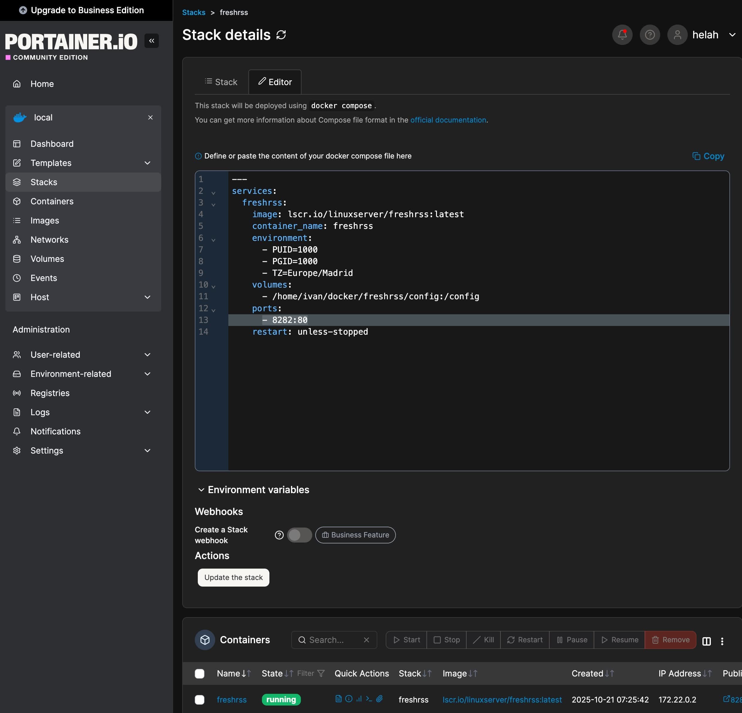 Docker Compose en Portainer para instalación de FreshRSS con la imagen de Linuxserver.