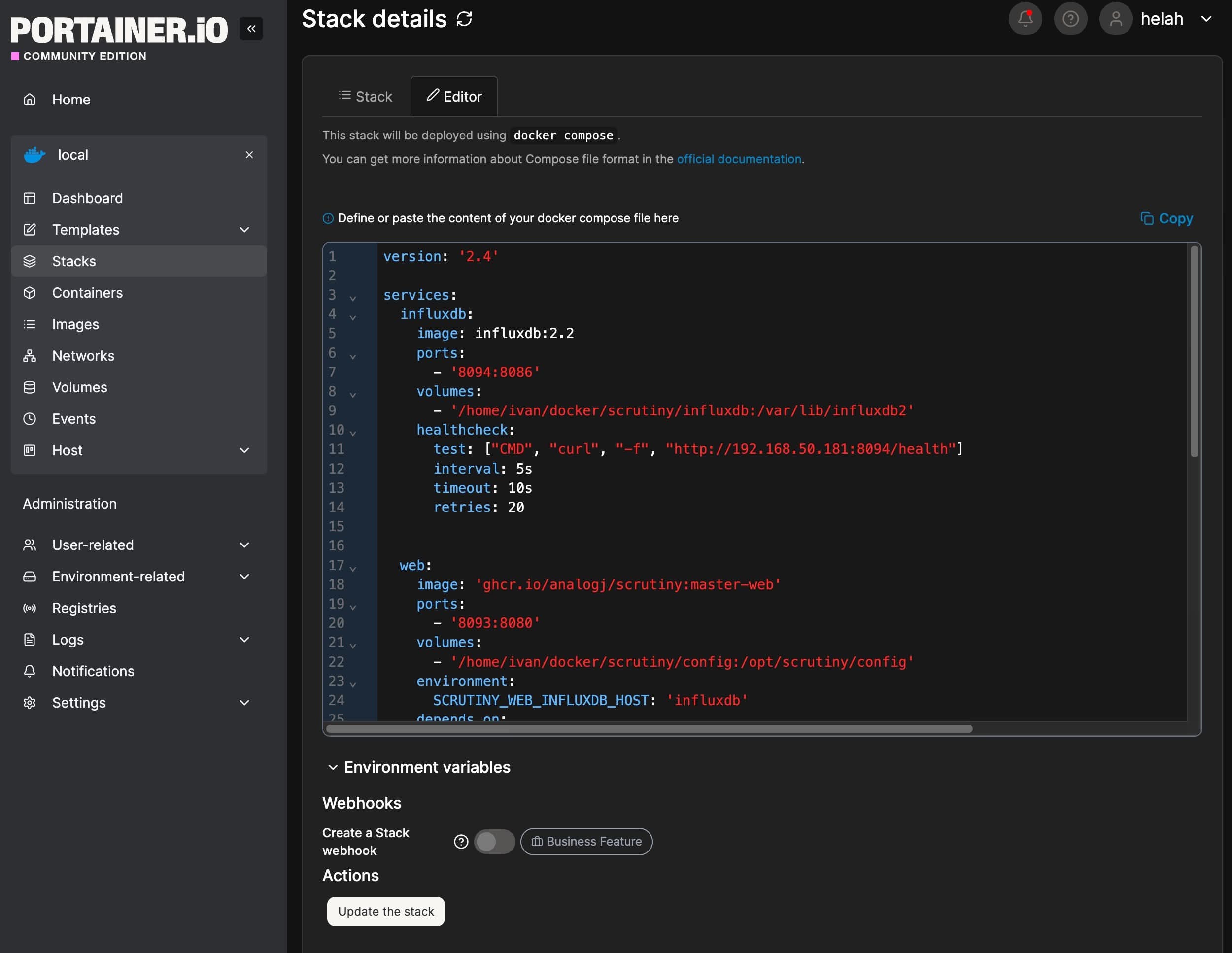 Docker Compose en Portainer para Scrutiny.
