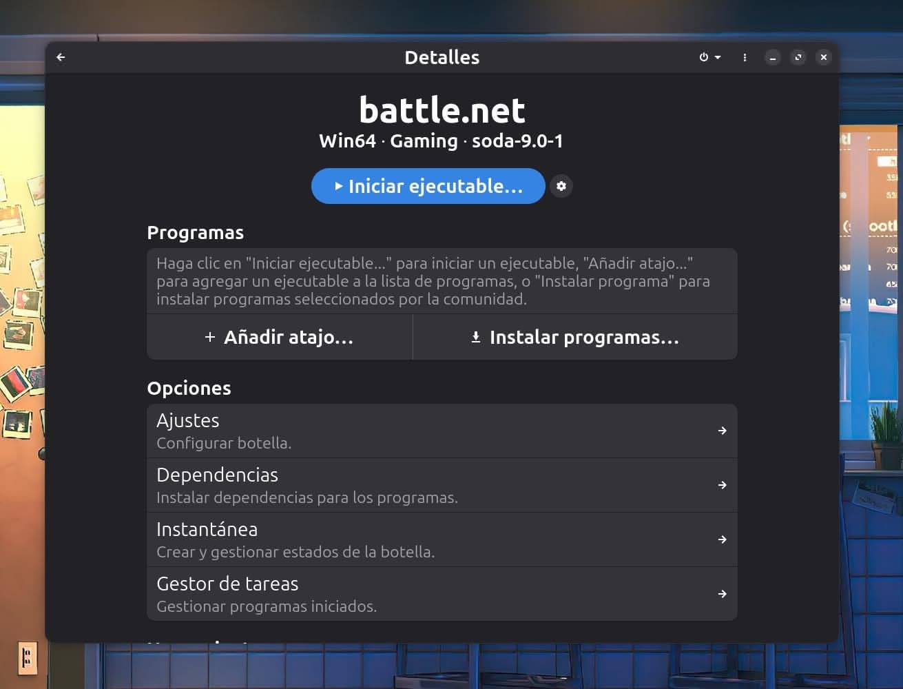 Bottle creado. Ahora instalamos Battle.net desde el menú de instalar programas.