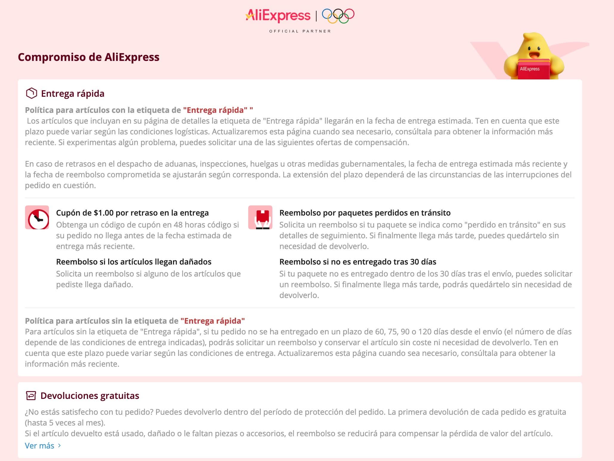 Condiciones de entrega rápida de Aliexpress