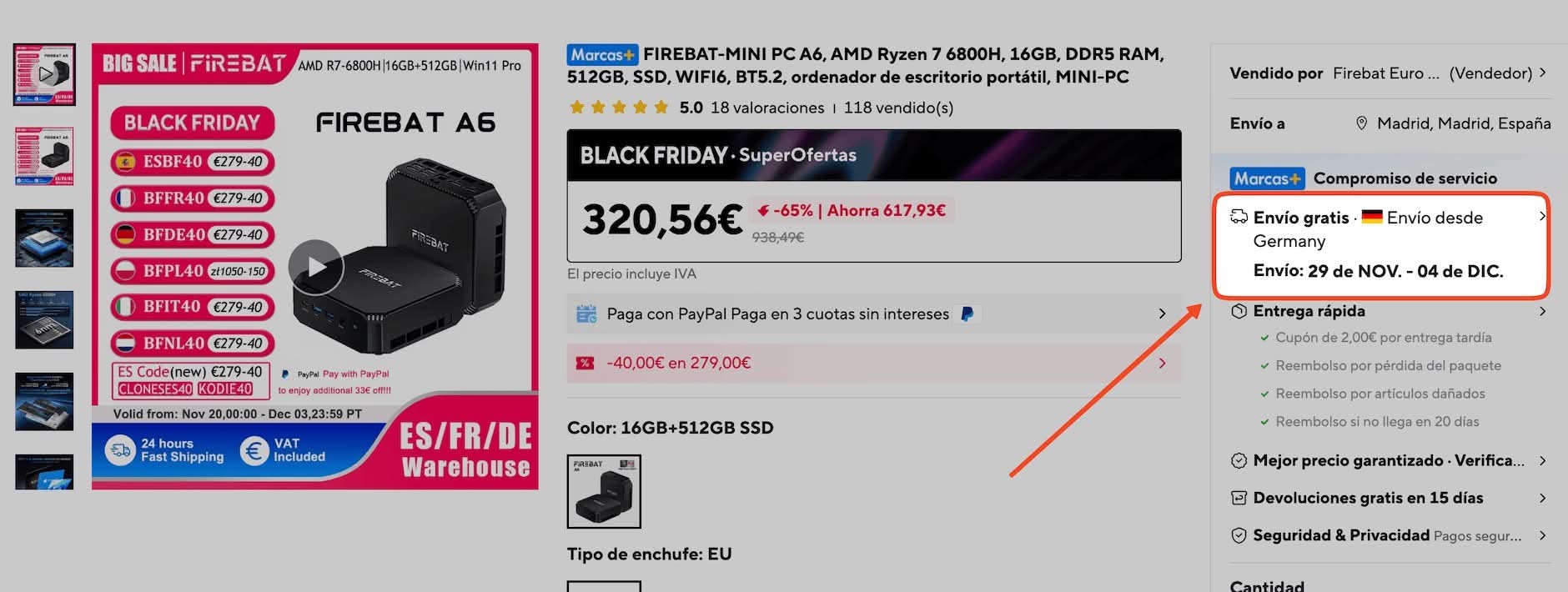 Envío de Mini PC Firebat A6 desde Alemania en AliExpress.