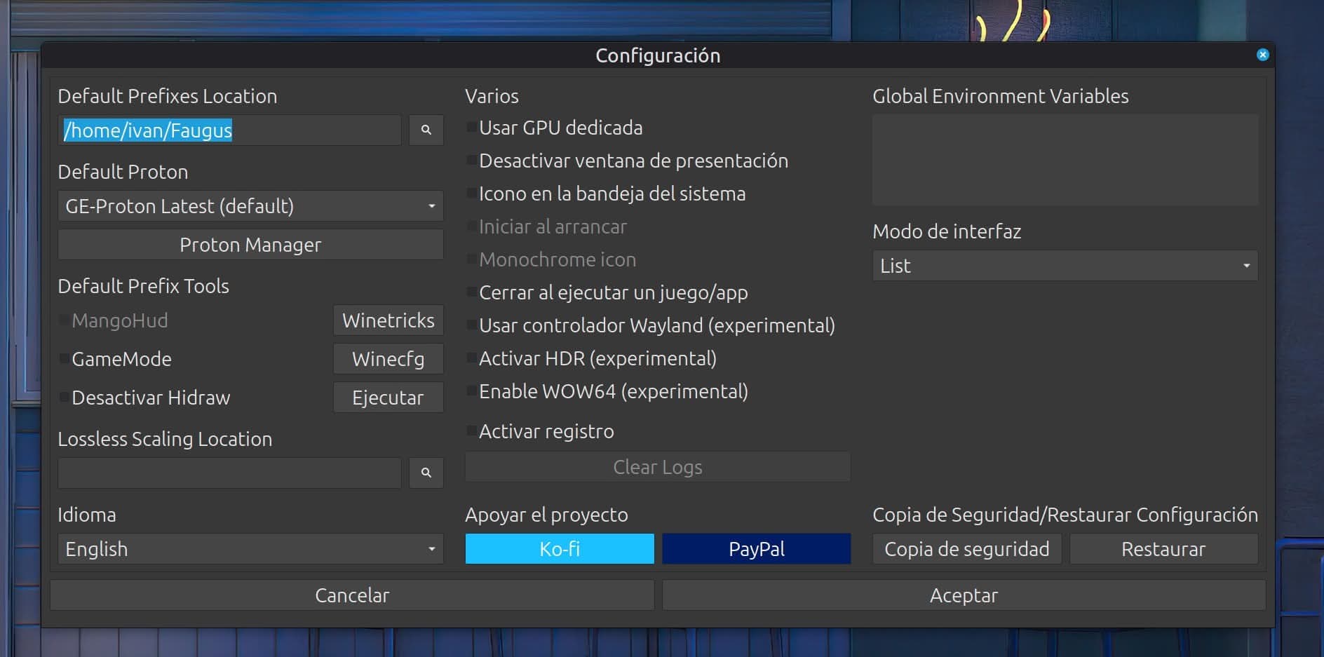 Configuración de Faugus