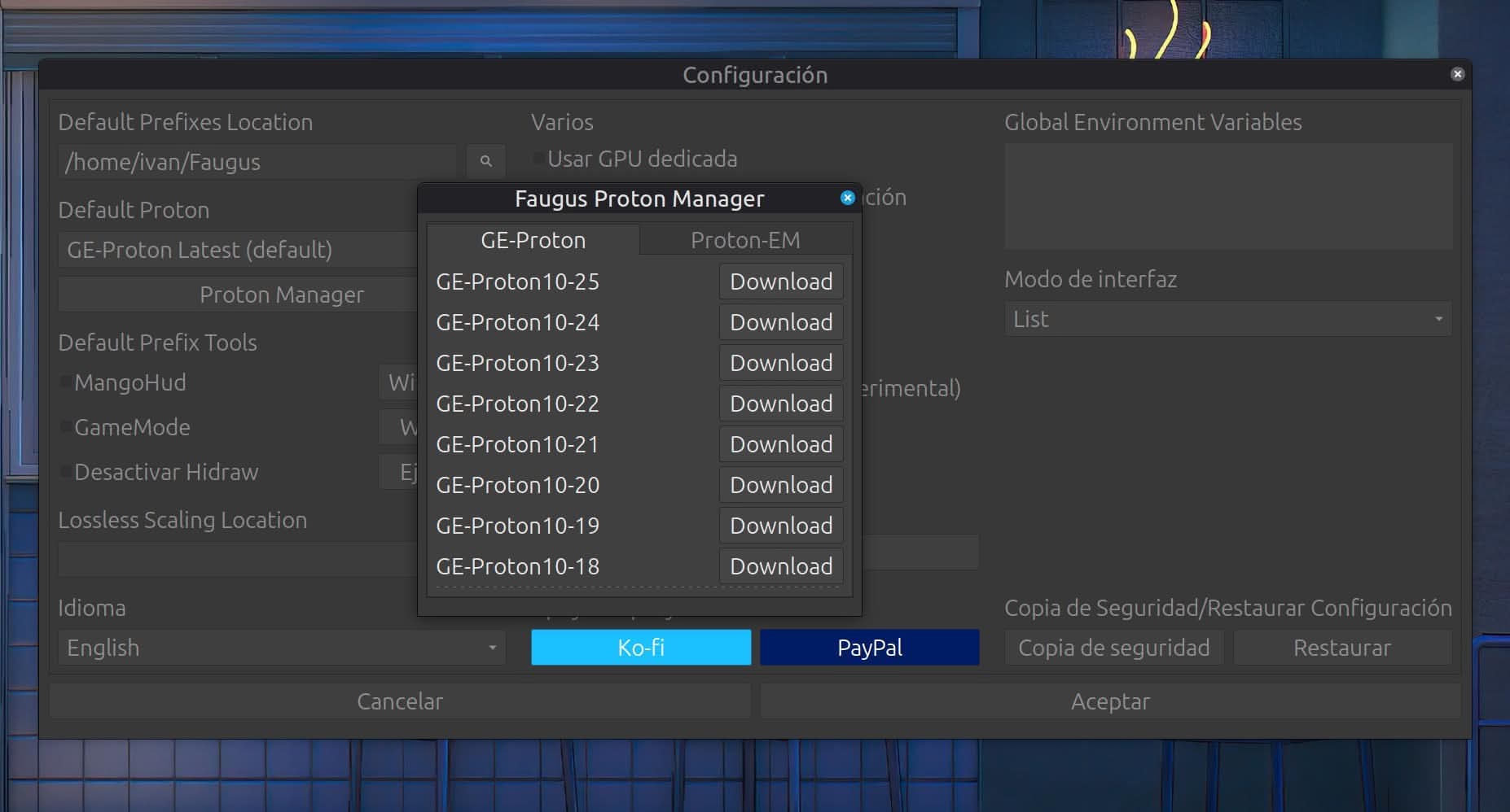 Elegimos la versión de Proton en Faugus Launcher