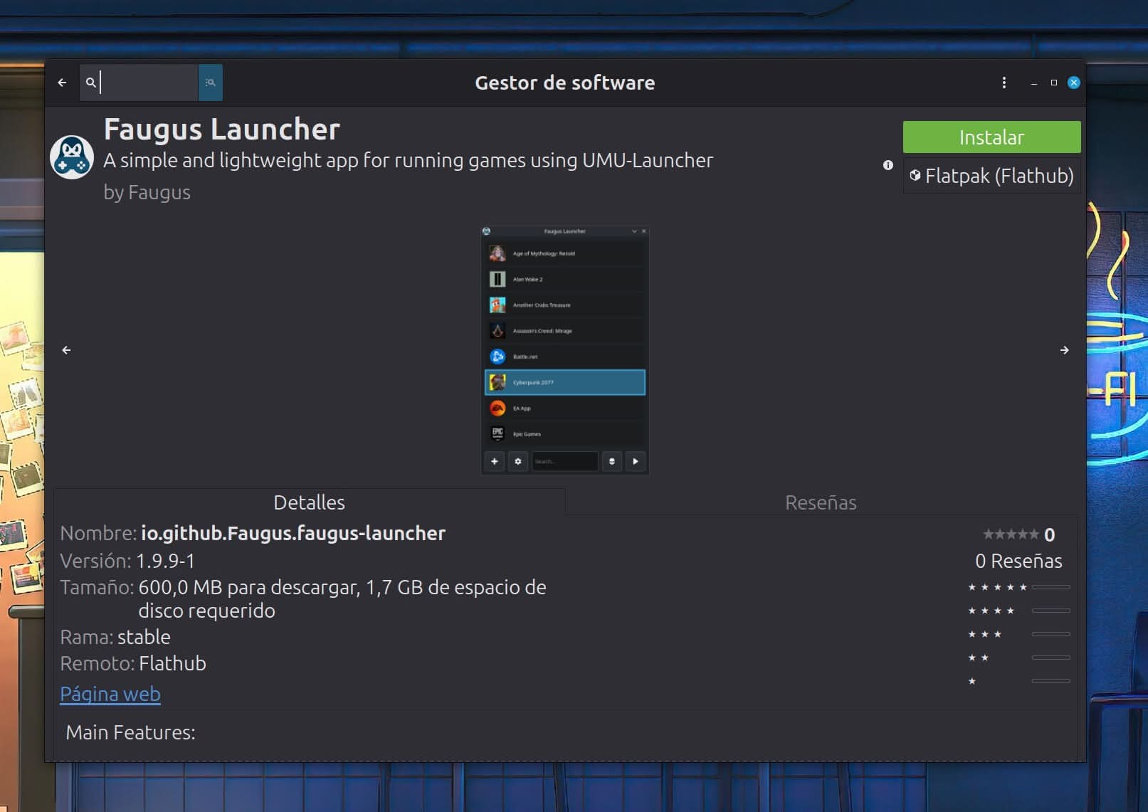 Faugus Launcher en Linux mint como Flatpak