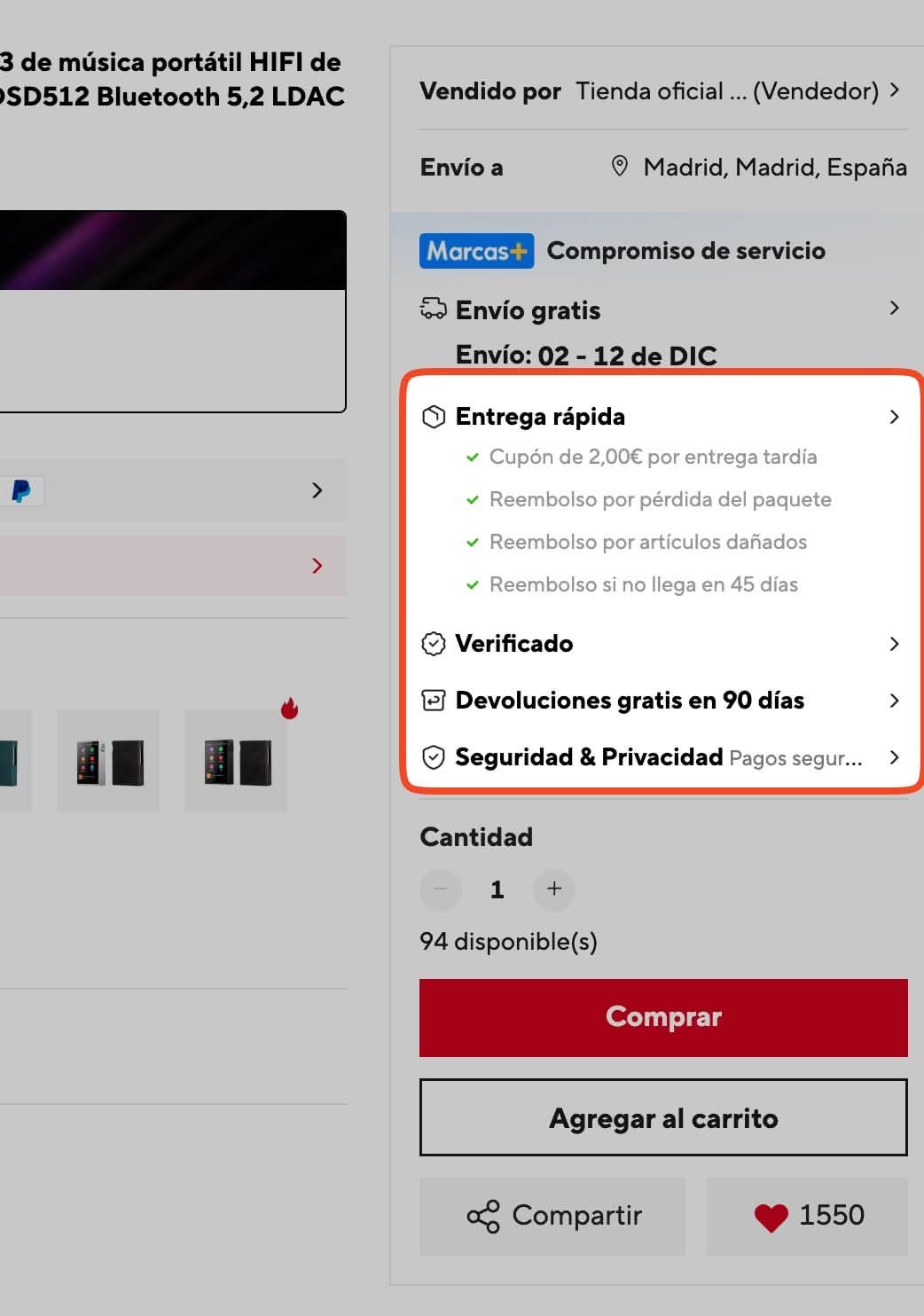 Reembolso en AliExpress en caso de problemas.