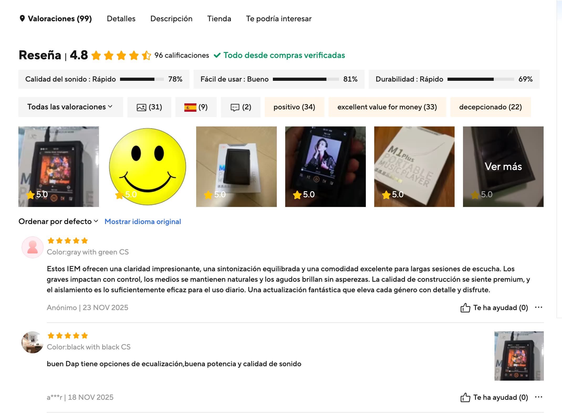 Reviews de otros compradores en Aliexpress