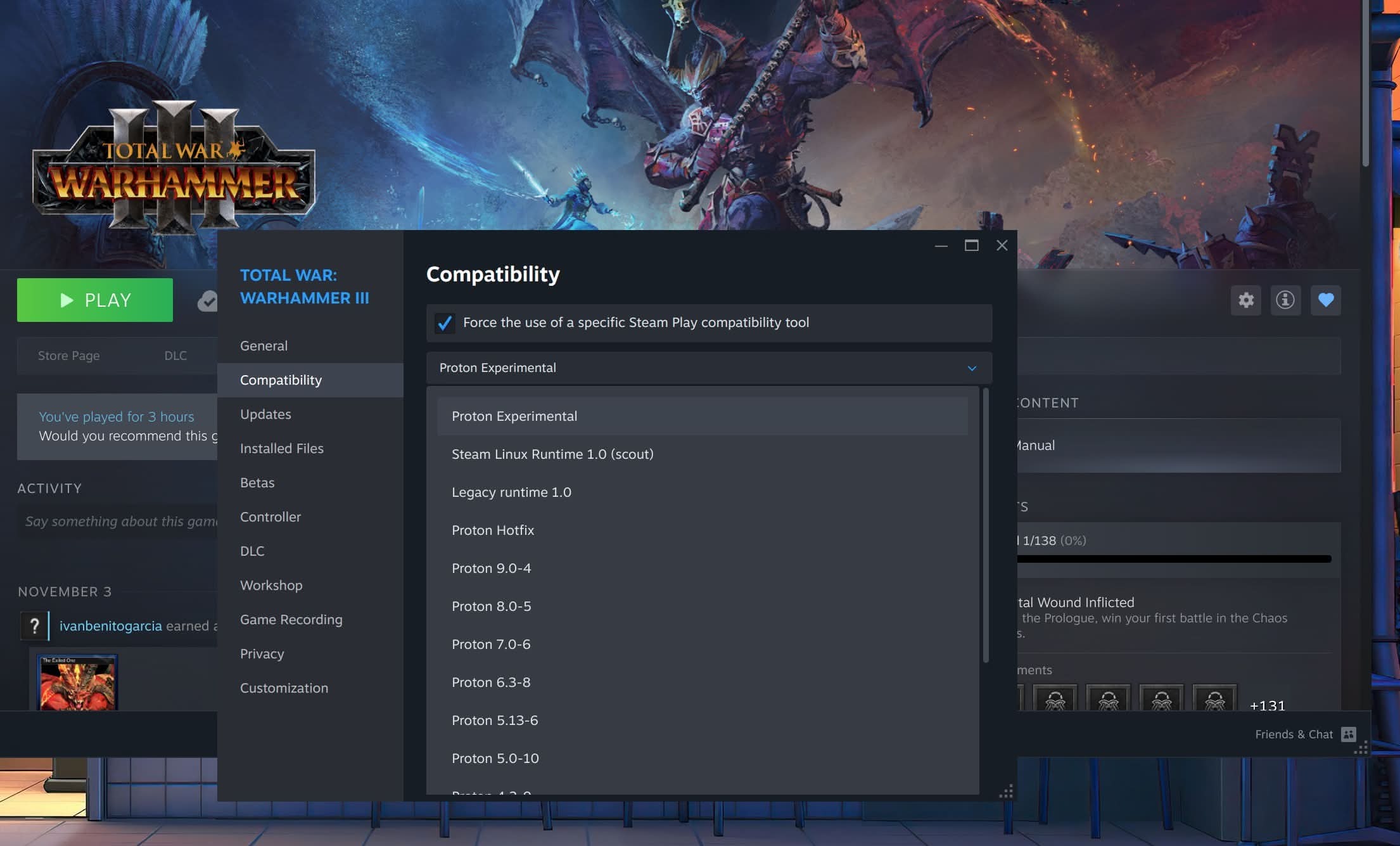 Steam: Elegimos la versión de Proton para jugar en Linux a videojuegos de Windows.