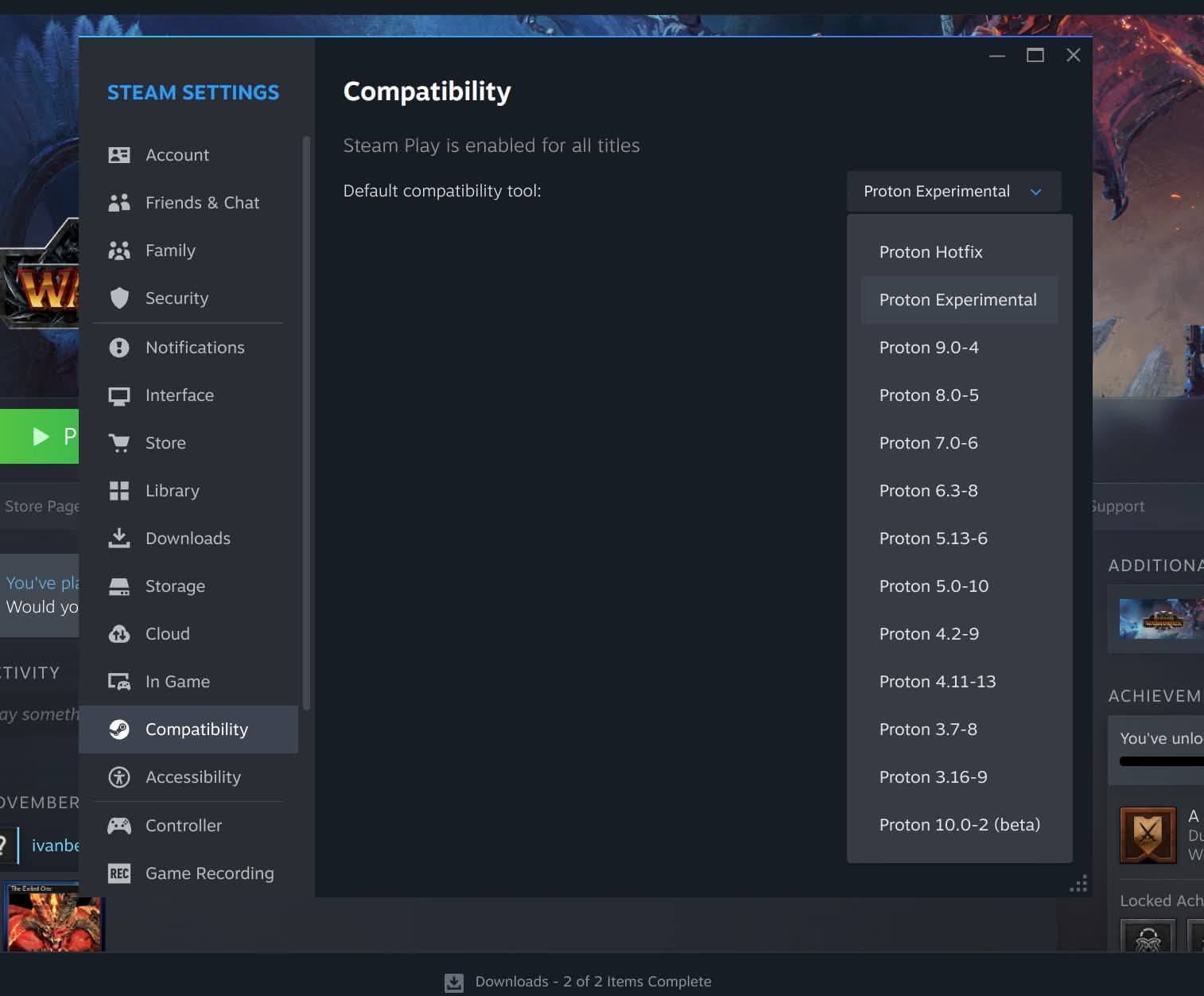 Steam: Elegimos la versión de Proton para jugar en Linux a videojuegos de Windows.