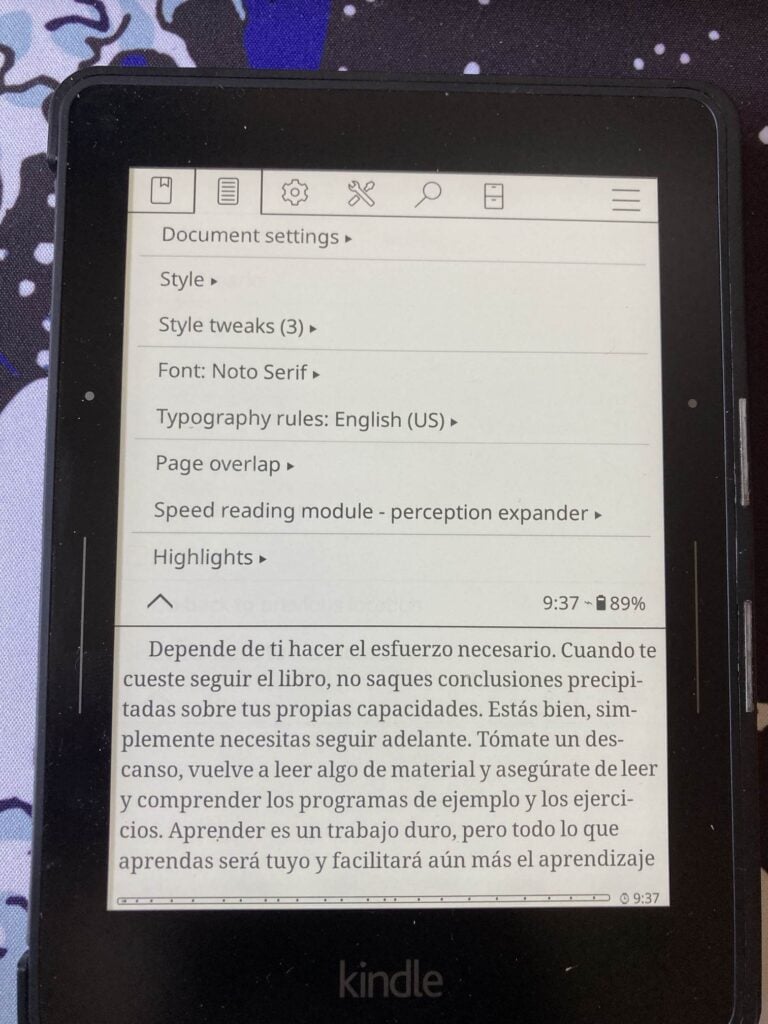 Configuración de KOReader dentro de un libro