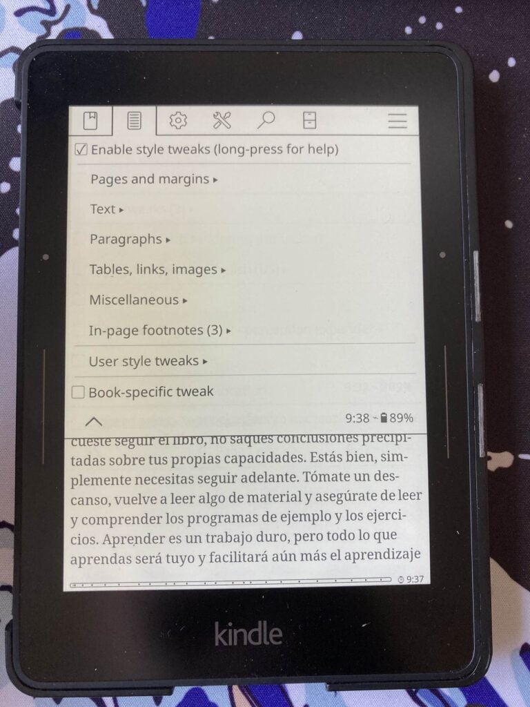 Configuración de KOReader dentro de un libro: cambio de estilos