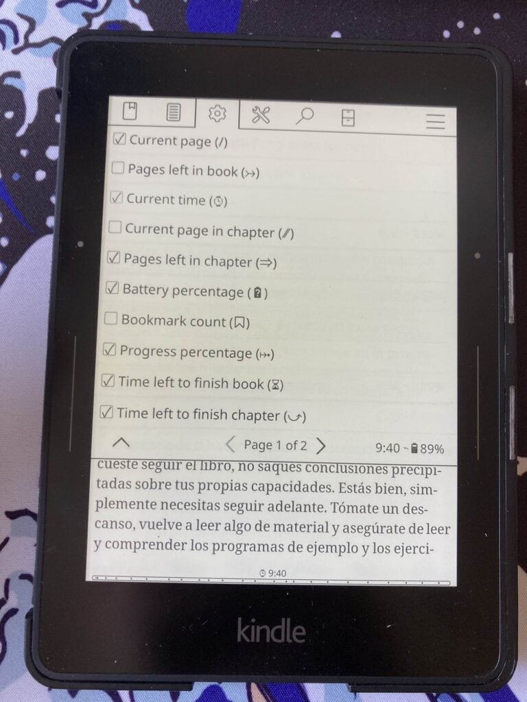 KOREader: cambios dentro del ebook, ítems que podemos poner en la barra.