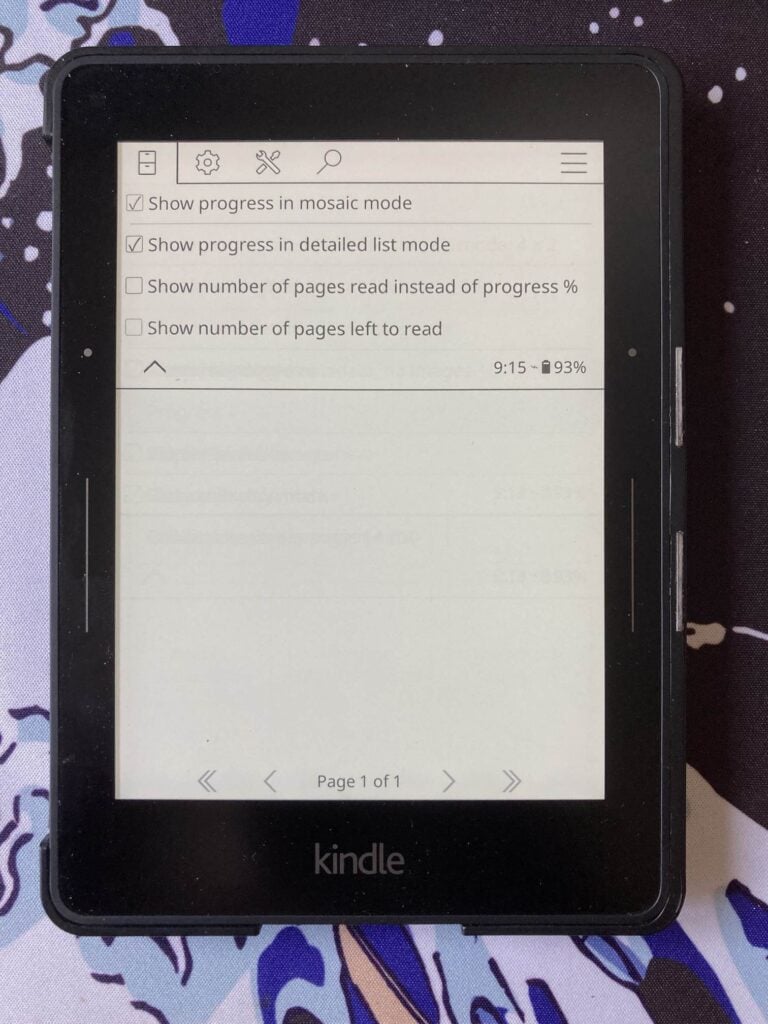 KOReader. En Mosaic and detailed list settings > Progress marcamos Show progress in mosaic mode y en list mode.
