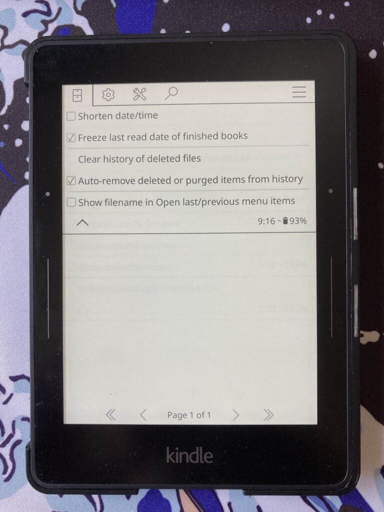 KOReader. En History settings marcamos Freeze last read date of finished books y Auto-remove deleted or purged items from History